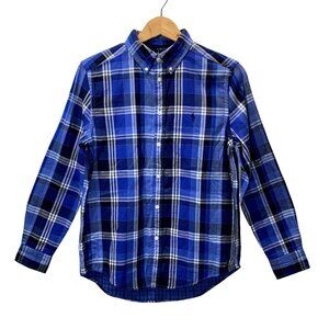 Ralph Lauren Shirt Youth Boys L 14/16 Blue White Plaid Long Sleeves Button Down